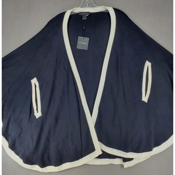 NWT St. John Knit Poncho Sz Medium/Large Black Beige Trim Sweater Cashmere Wool - Picture 1 of 5
